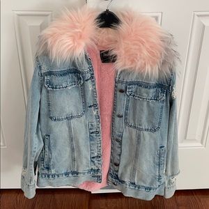 Blank NYC pink faux fur distressed denim jacket